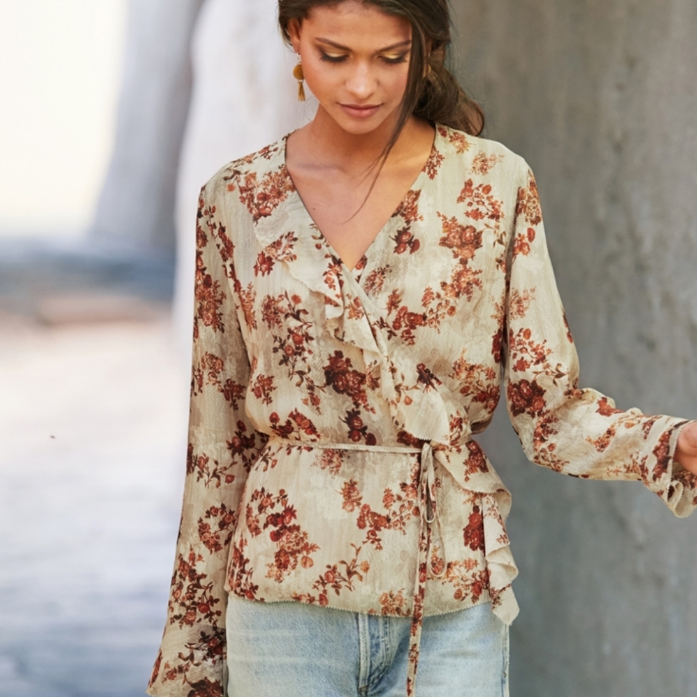 Peruvian Connection Gemma Floral Wrap Bell Cuff Blouse